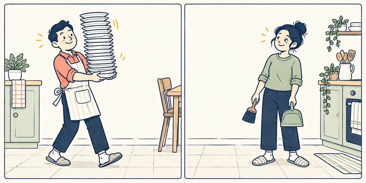 Two comic panels: first, a confident character balances a tall stack of plates; next, another character waits with a dustpan and brush.